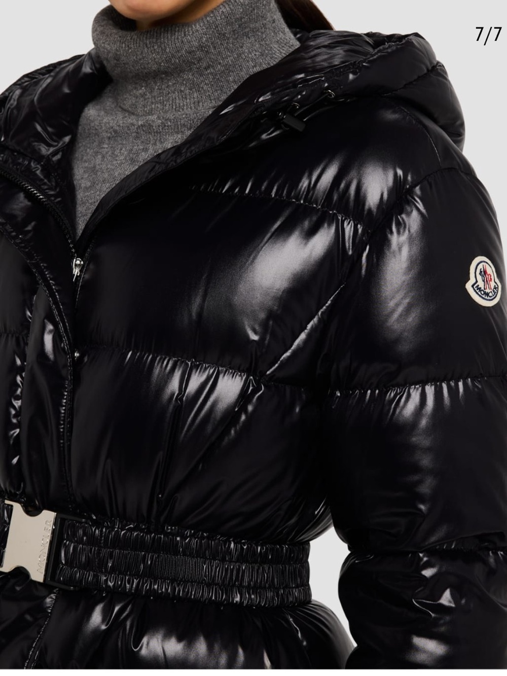 Moncler Glossy Black Hooded Belted Puffer Jacket